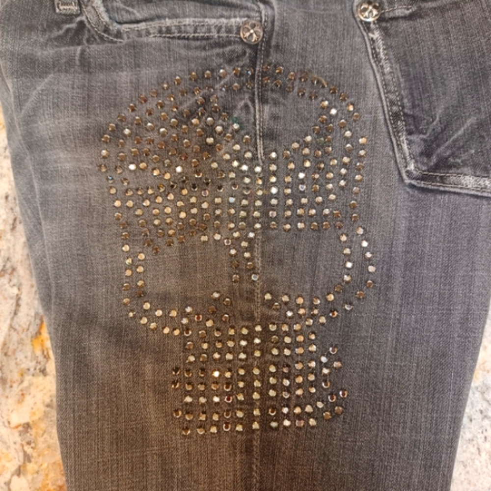 💀RARE! Miss Me Skull Rhinestone Distressed Grey Straight Leg Jeans 29x33